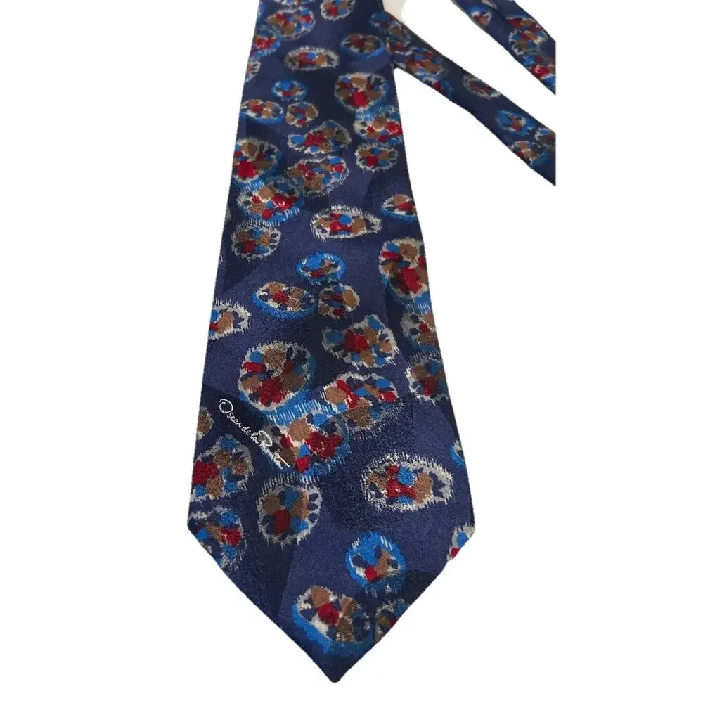Oscar De La Renta Men’s Necktie Blue‎ 3.75” Silk Blend Geometric Logo Vtg Tie